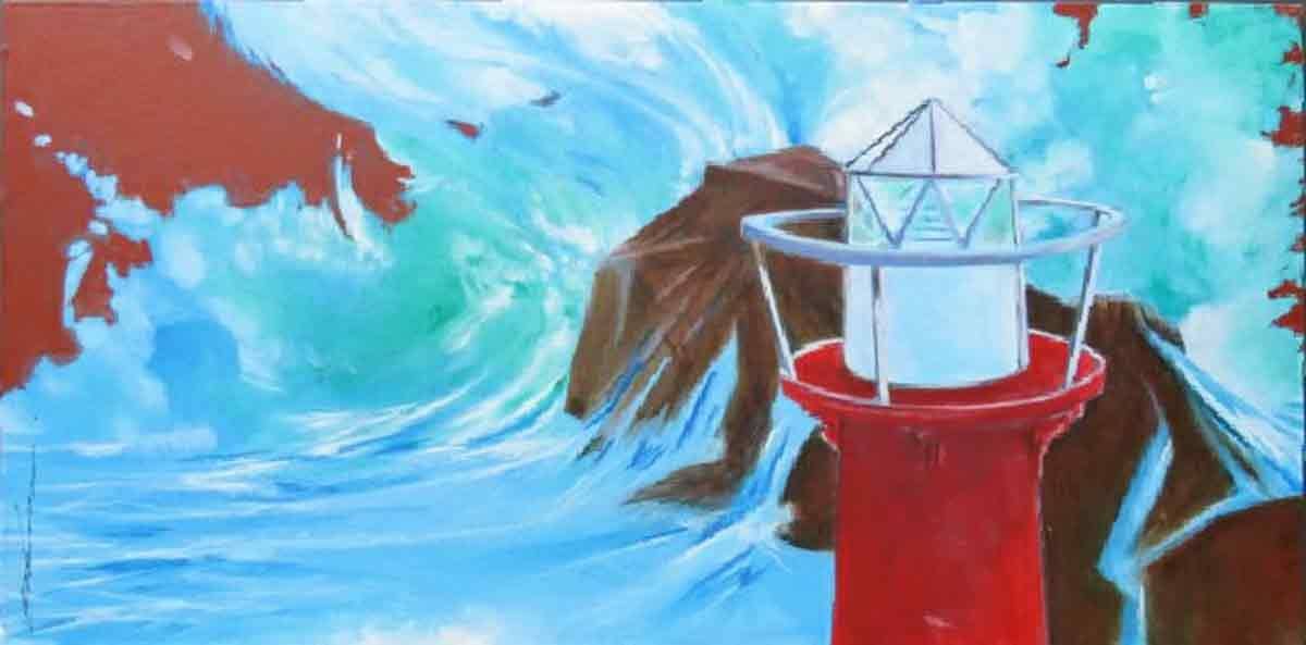 ocean waves crash against a lighthouse
